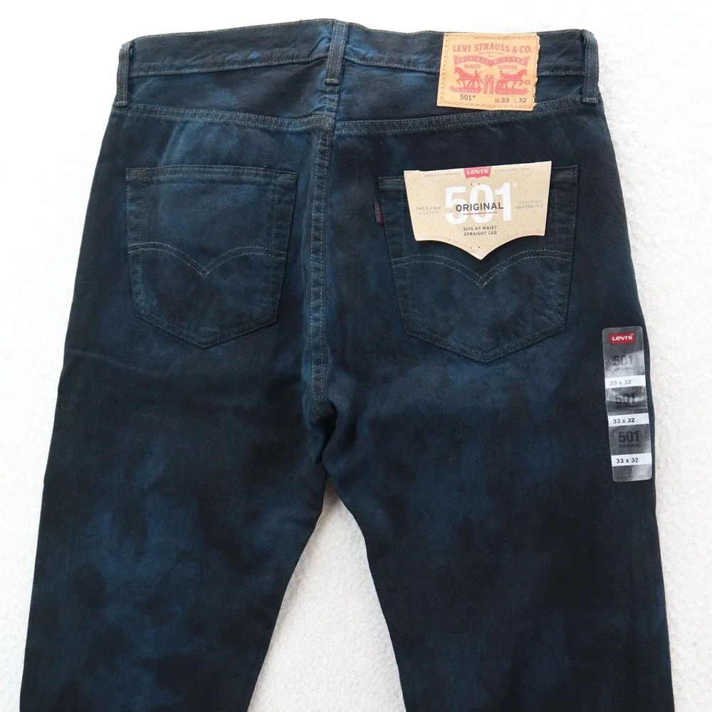 Levis 501 Jeans Mens 33x32 Black Blue Original Straight Button Fly Tie Dye Rock